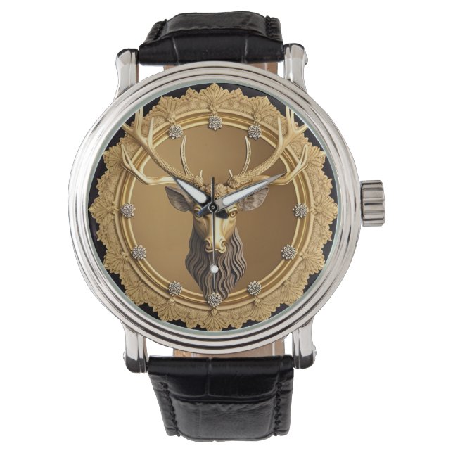 Elegant gyllene hjortemblem med utsmyckad ram armbandsur (Framsida)