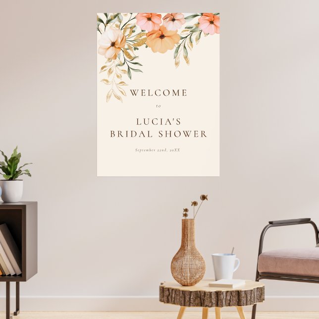 Elegant gyllene höstblommor Bröllopsdusch Välkomme Poster (Vardagsrum 3)