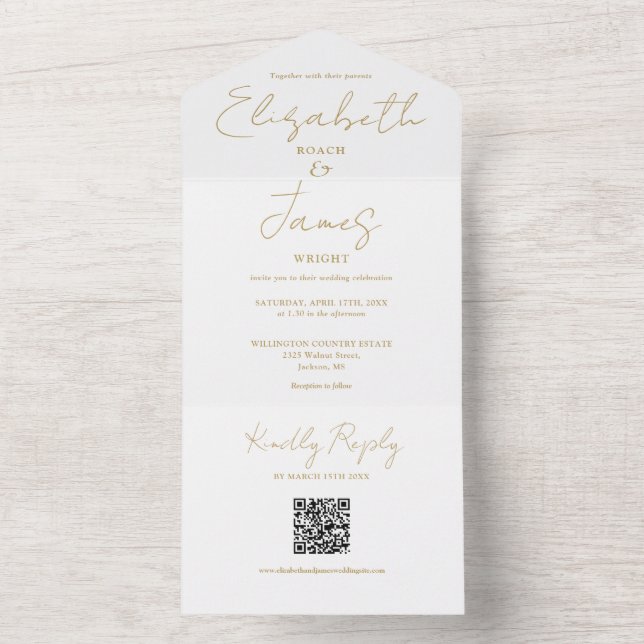 Elegant gyllene QR-kod för bröllop med chic script (Insida)