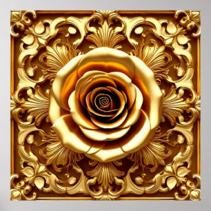 Elegant gyllene ros med utsmyckad dekorativ ram poster