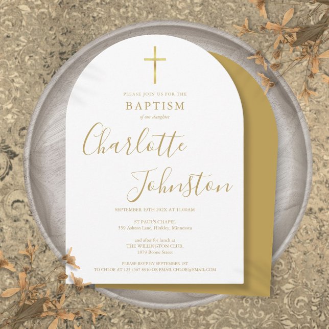 Elegant gyllene signaturbåge dop  inbjudningar (Elegant Golden Signature Arch Baptism Christening Invitation)