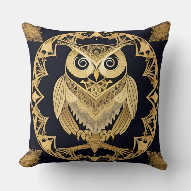Elegant gyllene uggledesign – utsmyckad symmetri kudde (Framsida)
