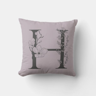 Elegant H Boho Blommigt Monogram Initial Lilac Grå Kudde