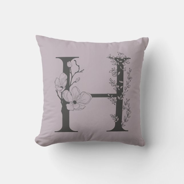 Elegant H Boho Blommigt Monogram Initial Lilac Grå Kudde (Framsida)