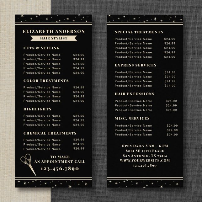 Elegant Hair Salon Black Price List Reklamkort (A vintage celestial hairstylist services price list card. Personalize it with your information.)