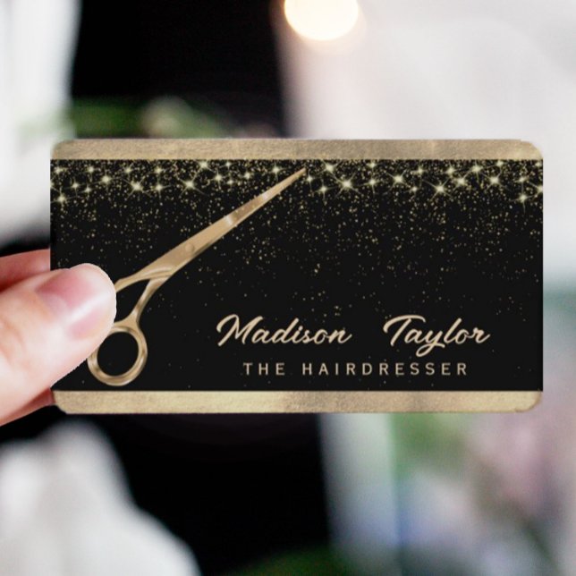 Elegant Hair stylist Hairdresser Golden scissors Visitkort (#zazzlemade #tailorcard #goldandblack #fauxgold #luxury #dressmakers #sissores #sparkles)