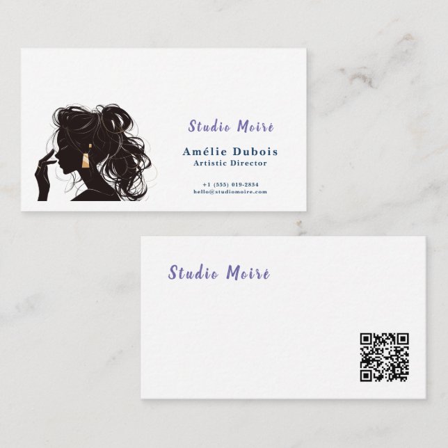 Elegant Hair Stylist Studio Moire QR Code Visitkort (Fram/baksida)