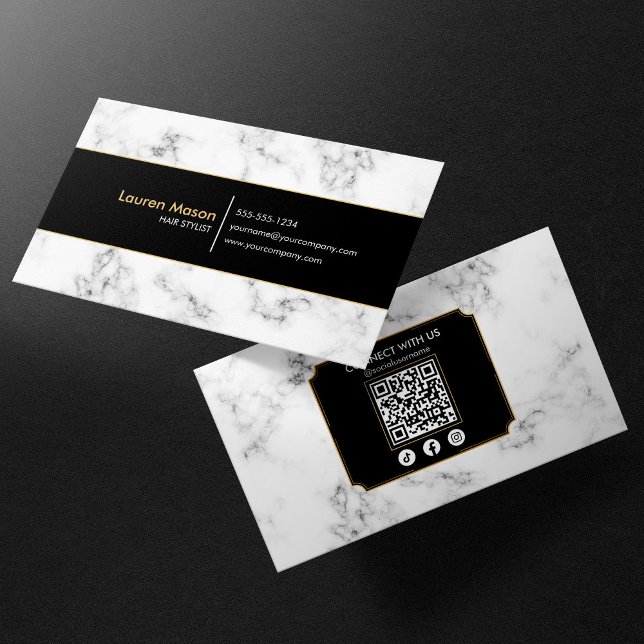 Elegant Hairstylist Black Guld Marble QR-kod Visitkort (Skapare uppladdad)