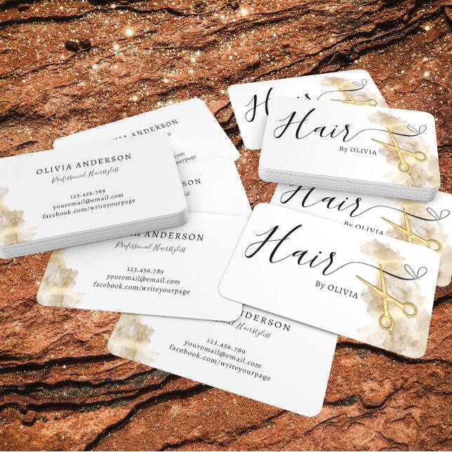 Elegant Hairstylist Hair Guld Scissors Black White Visitkort (Skapare uppladdad)
