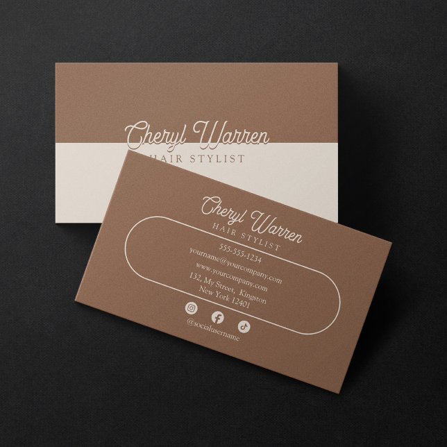 Elegant Hairstylist Script Brown & Biege Minimal Visitkort (Skapare uppladdad)