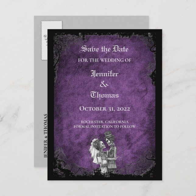 Elegant halloween bröllop bevara datum vykort (Fram/baksida)
