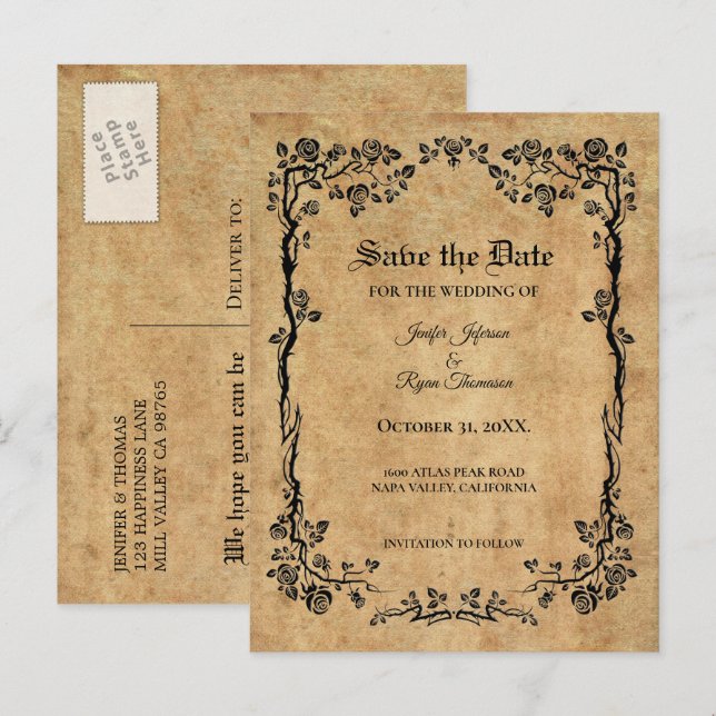 Elegant Halloween bröllop save the date vykort (Fram/baksida)