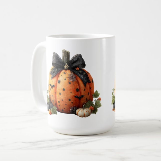 Elegant Halloween Pumpkin med Black Bow Kaffemugg (Framsida vänster)