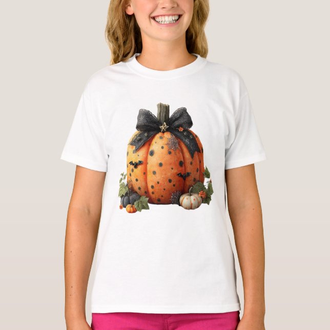 Elegant Halloween Pumpkin med Black Bow T Shirt (Framsida)