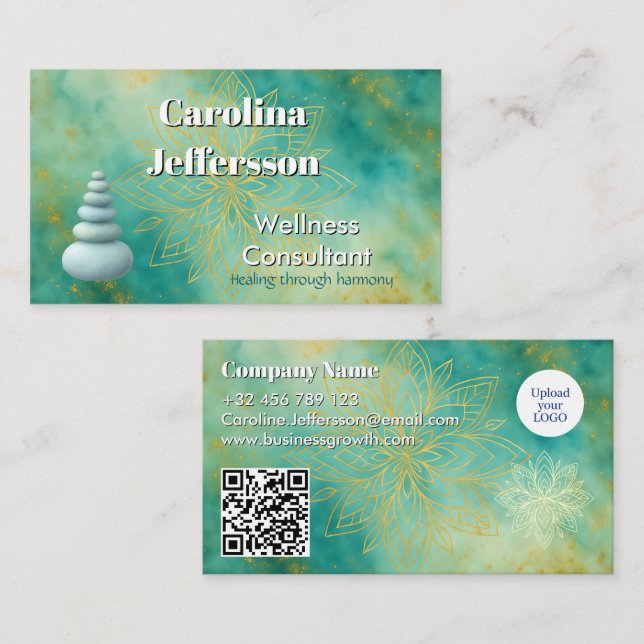 Elegant Hälsa Consultant Zen Stones Lotus Teal Visitkort (Fram/baksida)