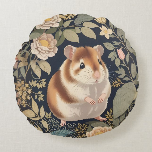 Elegant Hamster William Morris Inspired Blommigt Rund Kudde (Framsidan)