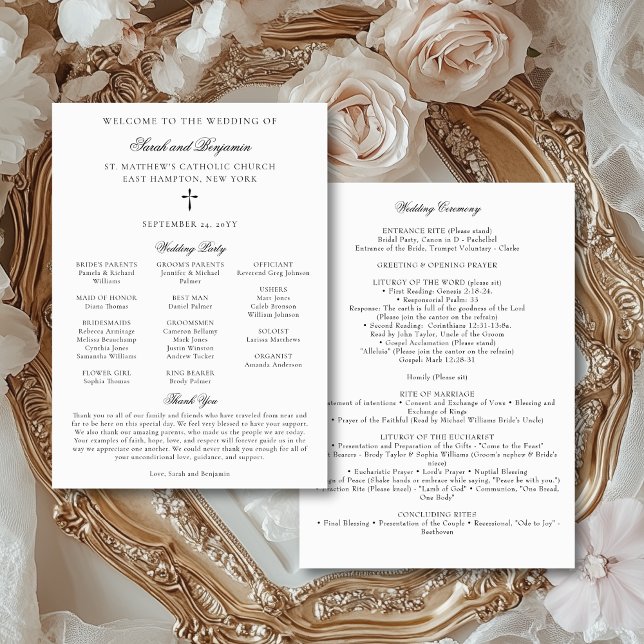 Elegant hämtningsbart katolskt massprogram Bröllop Inbjudningar (This elegant, downloadable Catholic wedding program features the text for a full nuptial Mass.)