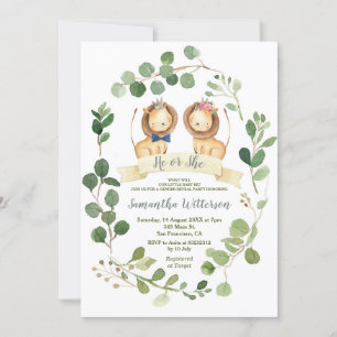 Elegant Han eller hon Greenery Lejon Gender Reveal Inbjudningar