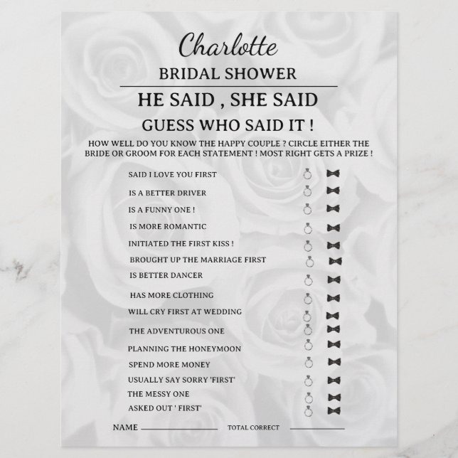  Elegant Han sa Hon sa Bröllopsduschspel  Reklamblad (Framsidan)