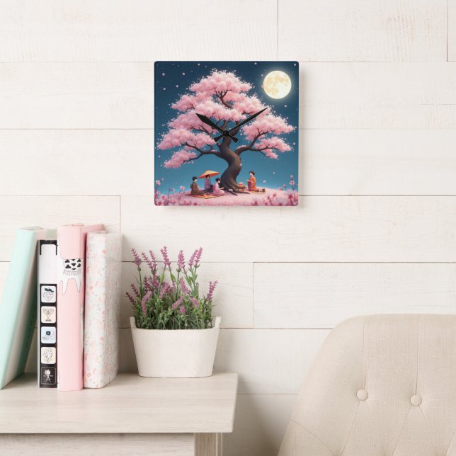 Elegant Hanami Cherry Blossom Wall Clock Fyrkantig Klocka (Läsesal)