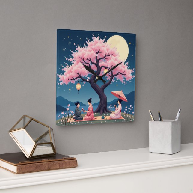 Elegant Hanami Cherry Blossom Wall Clock Fyrkantig Klocka (Kontor)