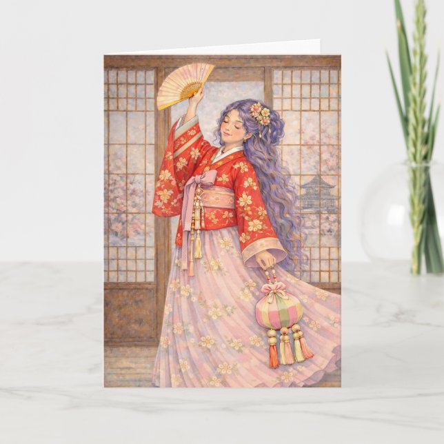 Elegant Hanbok med fläkt Kort (Framsida)