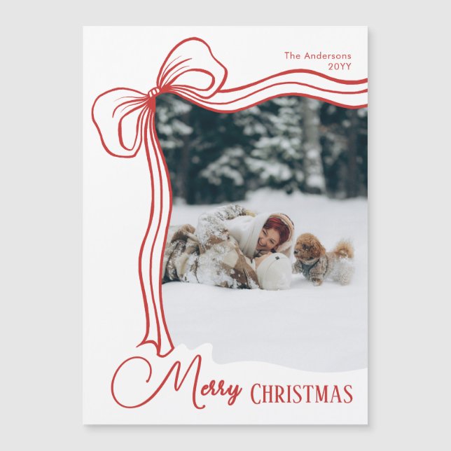 Elegant Hand Drawn Bow Christmas Magnetic Card (Framsida)