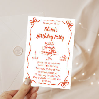 Elegant Hand-Drawn Cake & Ribbon Birthday Party Inbjudningar
