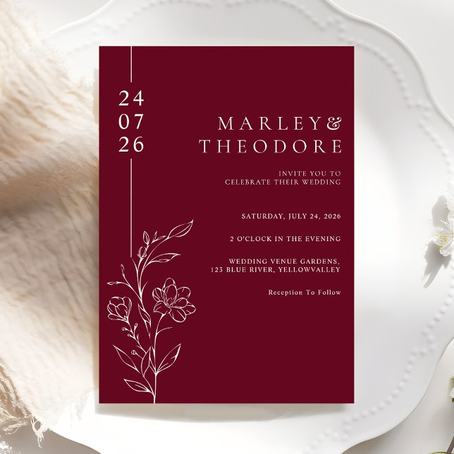 Elegant Hand Drawn Floral Burgundy Wedding Inbjudningar (Skapare uppladdad)