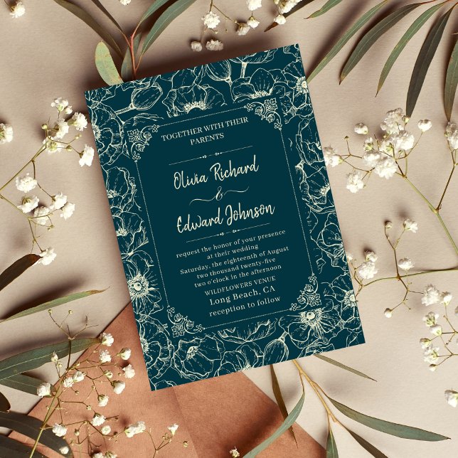 Elegant Hand Drawn golden Flower bröllop Inbjudningar (Skapare uppladdad)