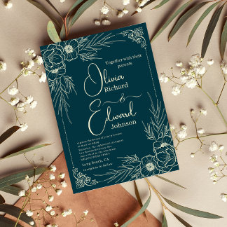 Elegant Hand-Drawn golden Flowers. Bröllop Inbjudningar