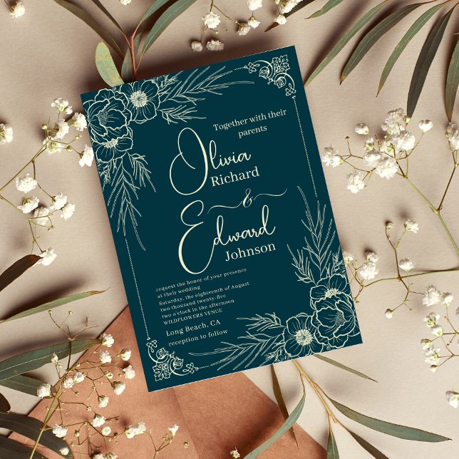 Elegant Hand-Drawn golden Flowers. Bröllop Inbjudningar (Skapare uppladdad)