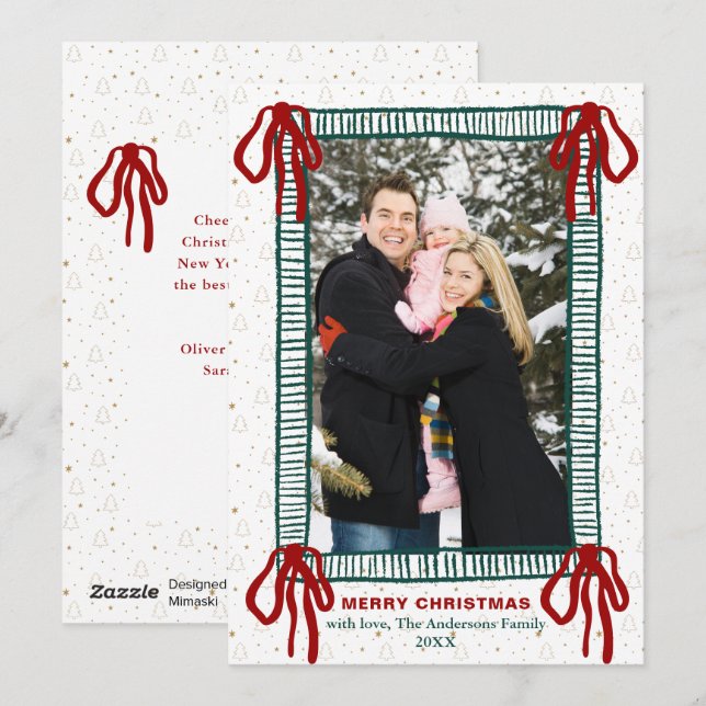 Elegant Hand Drawn Red Bow Christmas Photo Julkort (Fram/baksida)