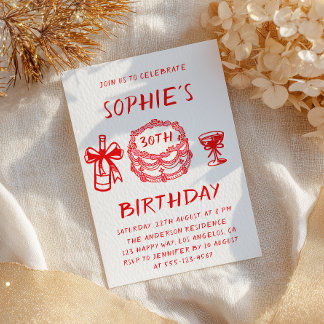Elegant Hand Drawn Red Cake 30th Birthday Inbjudningar