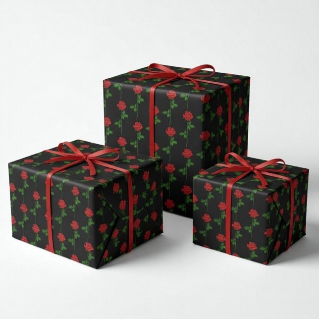 Elegant Hand-Drawn Rose Wrapping Paper on Black  Presentpapper (Skapare uppladdad)