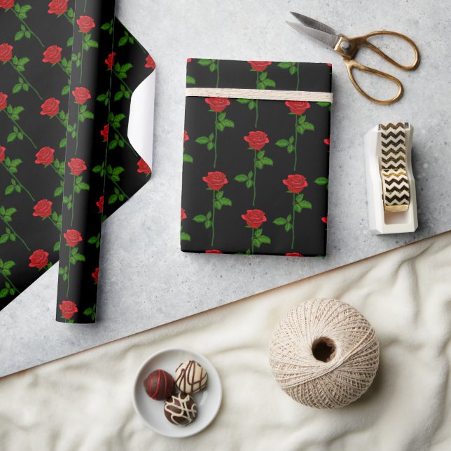 Elegant Hand-Drawn Rose Wrapping Paper on Black  Presentpapper (Hantverk)