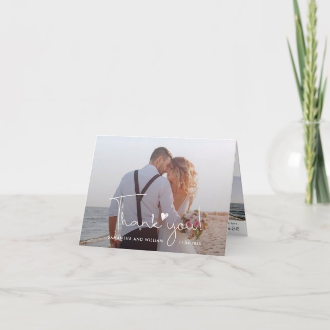 Elegant Hand-leterat skript Bröllop 2-foto Tack Kort (Framsida)