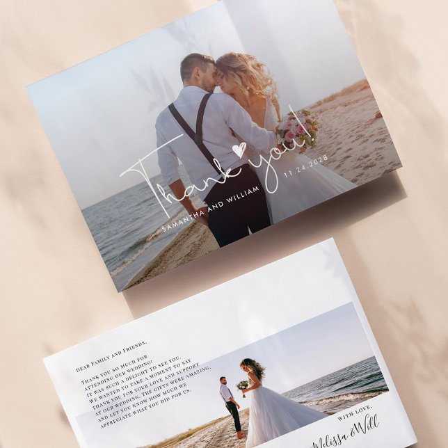 Elegant Hand-Lettered Bröllop Photo Tack Anteckningskort (Wedding Day Photos Thank You Card Front and Back on Zazzle by Milestone Hub)