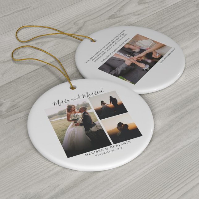 Elegant Hand-Lettered Bröllop Photo Tack Julgransprydnad Keramik (Merry and Married Wedding Photos Christmas Ceramic Circle Ornament)