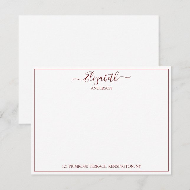 Elegant Hand Lettered Burgundy Namn Adress Note Anteckningskort (Fram/baksida)