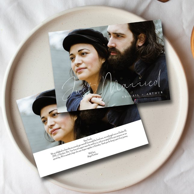 Elegant Hand-Lettered Ny gifta Bröllop-foto Meddelande (Elegant Script Just Married _ Modern Wedding Photo Announcement )