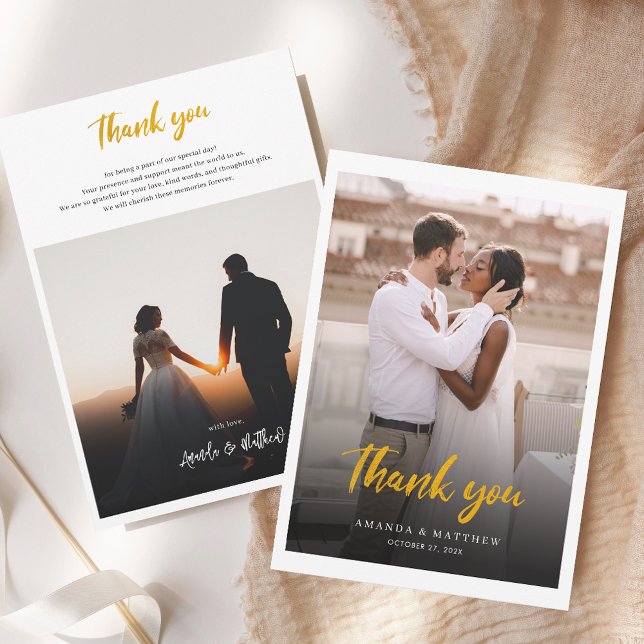 Elegant Hand-Lettered Photo Bröllop Tack Kort (Modern 2 Photos Wedding Thank You Card)