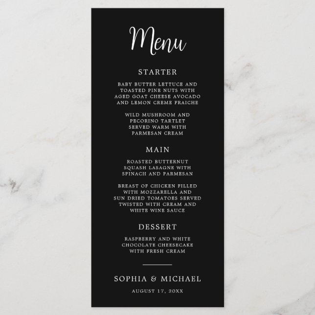 Elegant Hand Lettering Black White Bröllop Meny (Framsida)