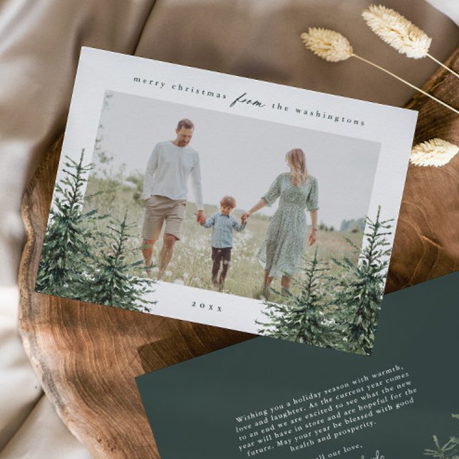 Elegant Hand-målad Gräs Träd Photo-jul Julkort (Elegant Rustic Hand Painted Pine Tree Green Photo Christmas Holiday Cards.)