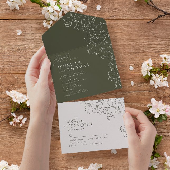 Elegant hand plockade blommigt Sage grönt bröllop (Elegant hand drawn floral sage green wedding all in one invitation)