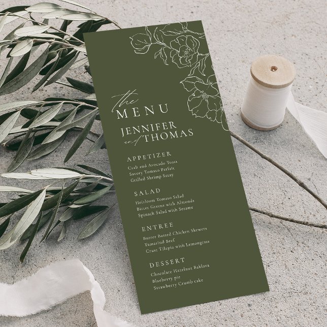 Elegant hand plockade blommigt Sage grönt bröllop Meny (Elegant hand drawn floral sage green wedding menu)