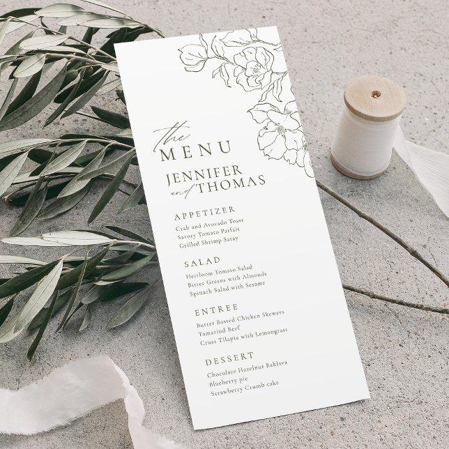 Elegant hand plockade blommigt Sage grönt bröllop Meny (Elegant hand drawn floral sage green wedding menu)
