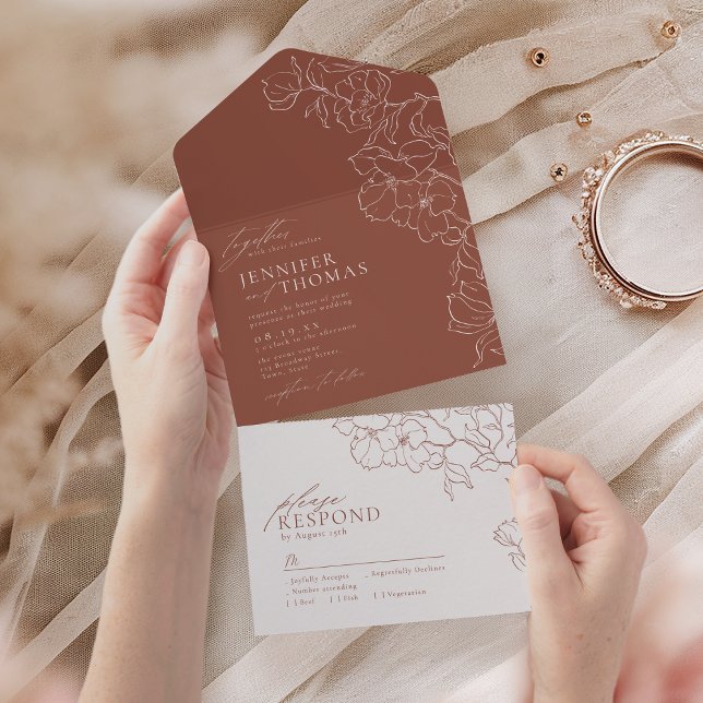 Elegant hand plockade blommigt terracotta bröllop (Elegant hand drawn floral terracotta wedding all in one invitation)
