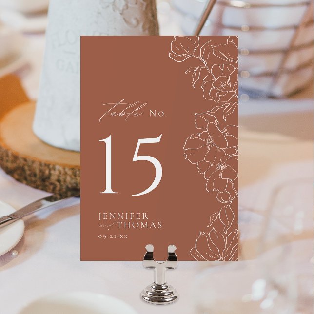 Elegant hand plockade blommigt terracotta bröllop bordsnummer (Elegant hand drawn floral terracotta wedding Table Number)