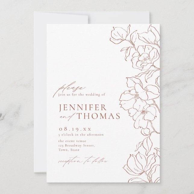Elegant hand plockade blommigt terracotta bröllop inbjudningar (Framsida)